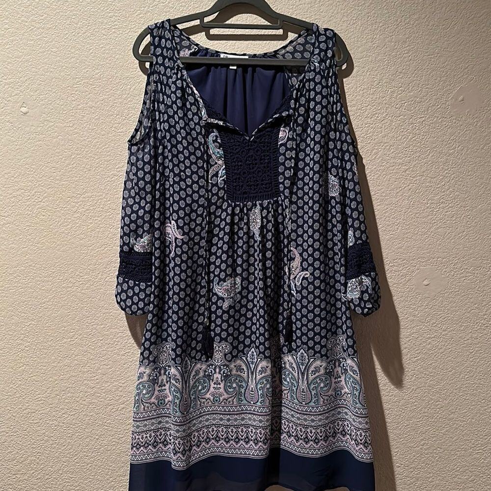 DR2 Daniel Rainn Navy Boho Cold Shoulder Paisley Lace Trim Dress sz L